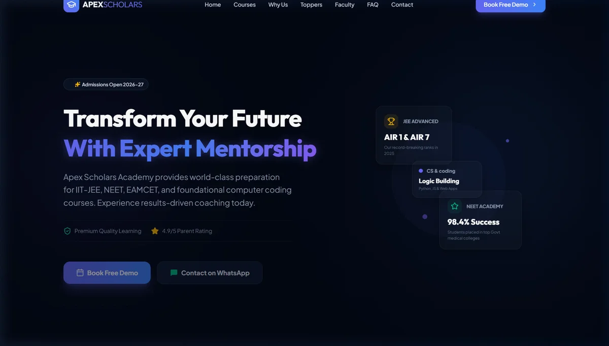 Modern coaching center and education website demo built by RocketForge Digital